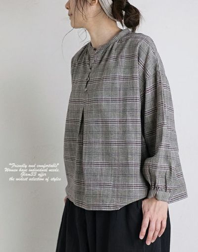 【セール】  blue willow ブルーウィロー　021fp11408 コットンリネングレンチェックブラウス