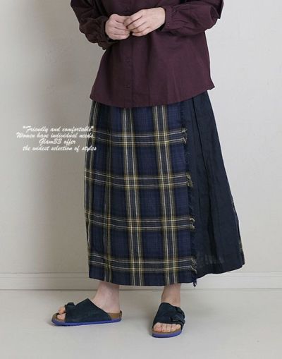 【セール】  blue willow ブルーウィロー　01bfp13423  リネンタータンチェックプリーツスカート