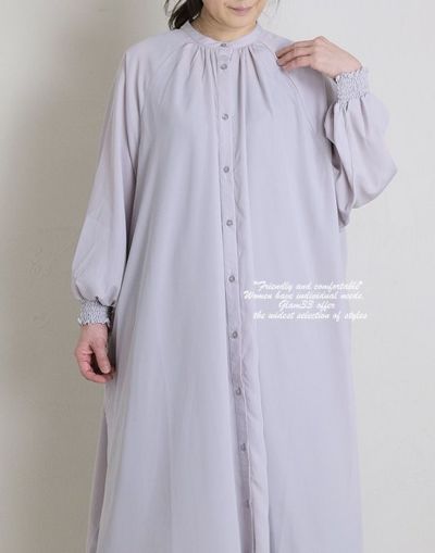 【セール】 襟ぐりギャザー袖シャーリングワンピース　　　3079