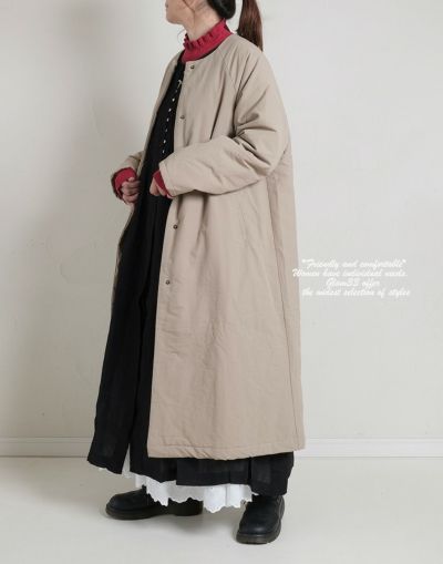 ノーカラー中綿ロングコート　　3089