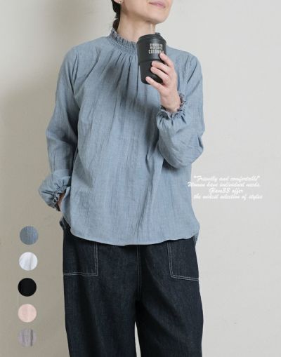 リップルシャーリングネックレースフリルブラウス　　　1029