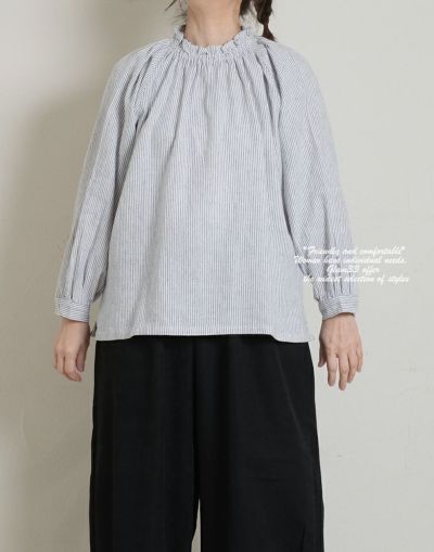 blue willow ブルーウィロー    コットンリネンヘリンボンストライプブラウス　　　wp11533