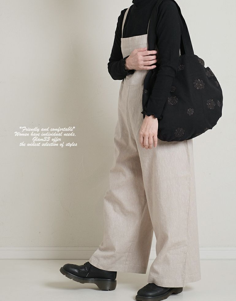 blue willow/ コットンリネンサイドギャザーサロペットパンツ