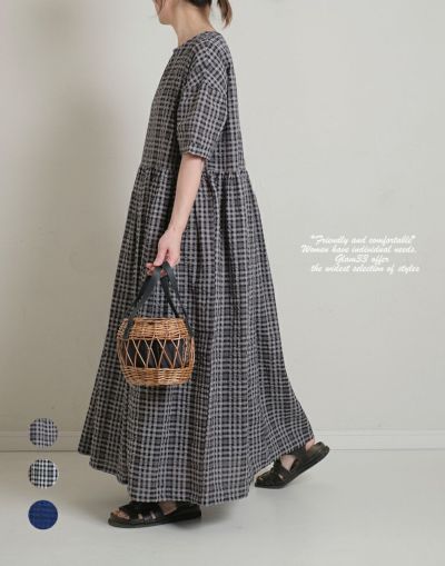 『Sustainable』 チェックウエスト切替ギャザーワンピース　　5103