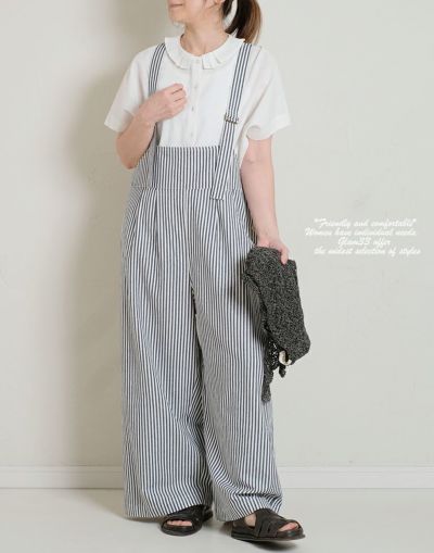 blue willow ブルーウィロー  コットンストライプサロペットパンツ　  01eup14245