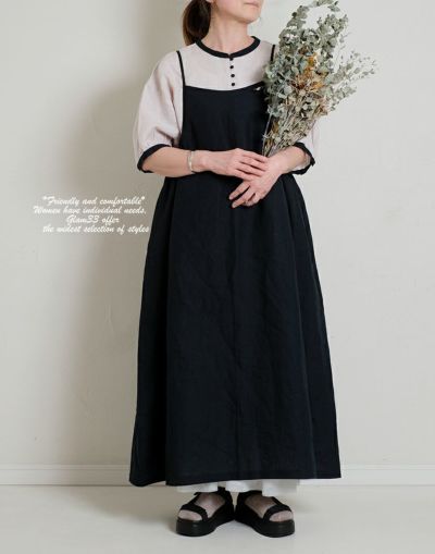 blue willow　ブルーウィロー　リネンサイドギャザーエプロンワンピース　  15250　