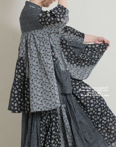  花柄 パッチワークティアードブラウス　　　259060