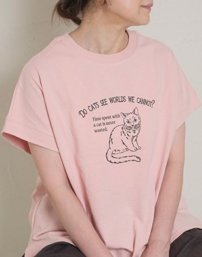 猫プリントドロップショルダー半袖Tシャツ　　　　250746