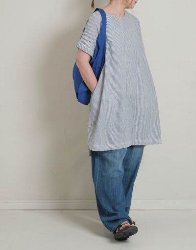 blue willow ブルーウィロー  コットン リネンストライプ後ポケットチュニック　　　　01eus12365