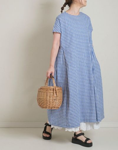 blue willow ブルーウィロー  　コットンリネンギンガムサイドタックワンピース　　01EUS15341