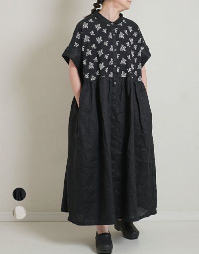【セール】　　　ubasoku ウバソク  　  リネンコットンカスミソウ刺繍切替ワンピース 　u27-0957