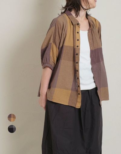 CUORE STORE  クオーレストア 　  コットンリネンチェックブラウス　　　5547004