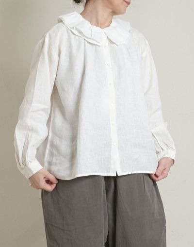 blue willow ブルーウィロー  　リネン２枚襟フリルブラウス　　　11505
